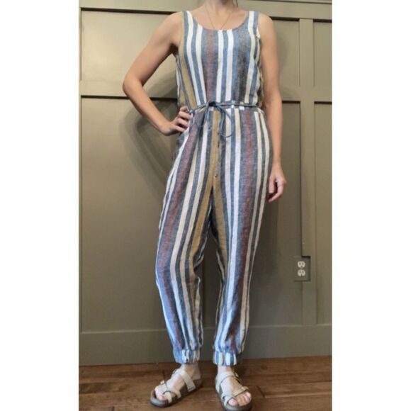 𝅺ANTHROPOLOGIE Drew Striped Linen Sleeveless Jumpsuit Size XS - Picture 1 of 10